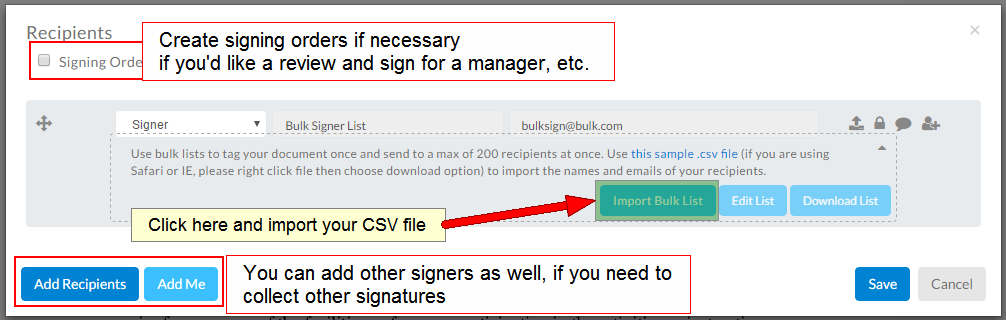 Edit the signer list by importing your CSV file for bulk sign