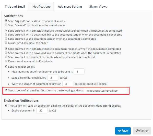 Select the send copy option and enter email address