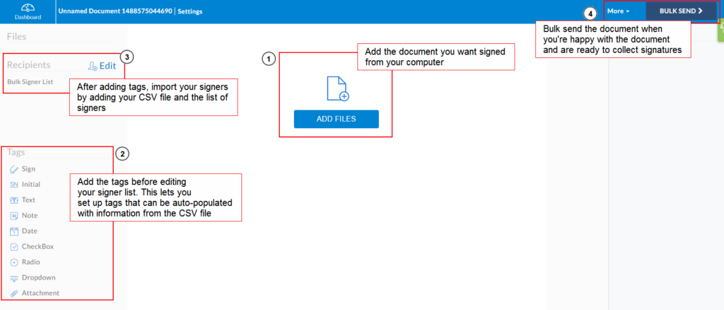 Bulk send documents for signing - the editor page with annotated descriptions