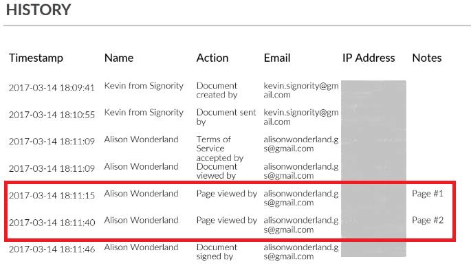 Page View Evidence captured in Document History