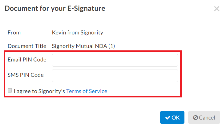 Signature Authentication PIN Codes required