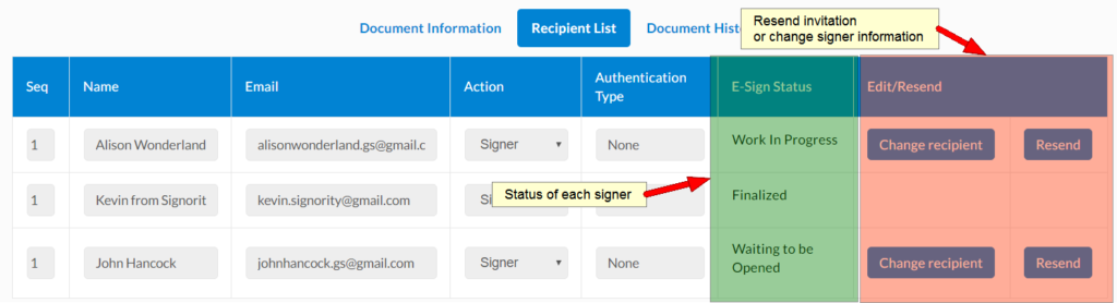 document status and checking the status of signers