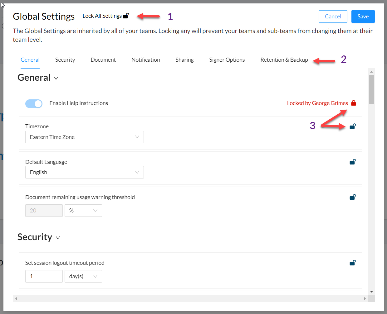 Global Settings Menu