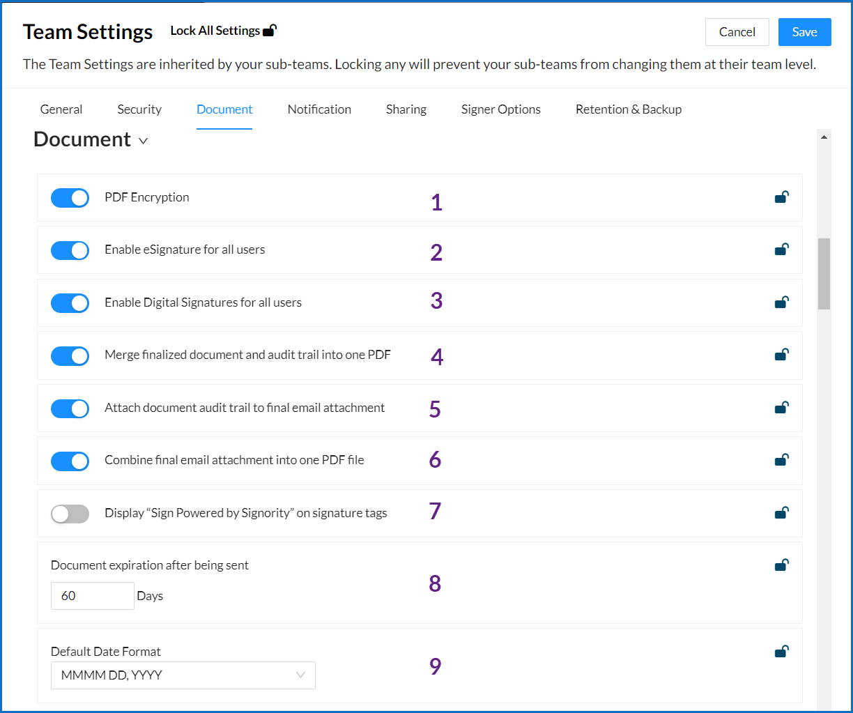 Team Document Settings