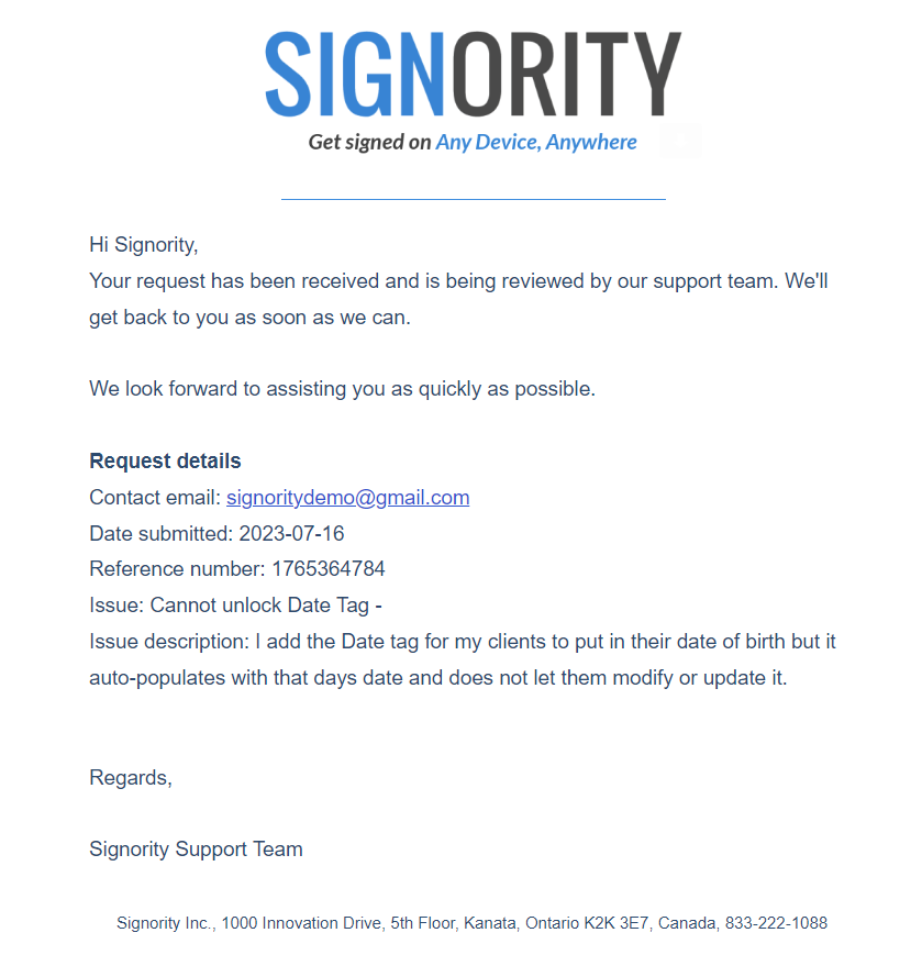 Support Email Sample