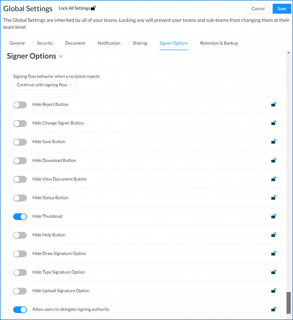 Global Settings - Signer Options