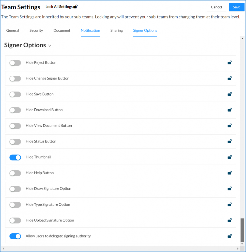 Team Settings Signer Options